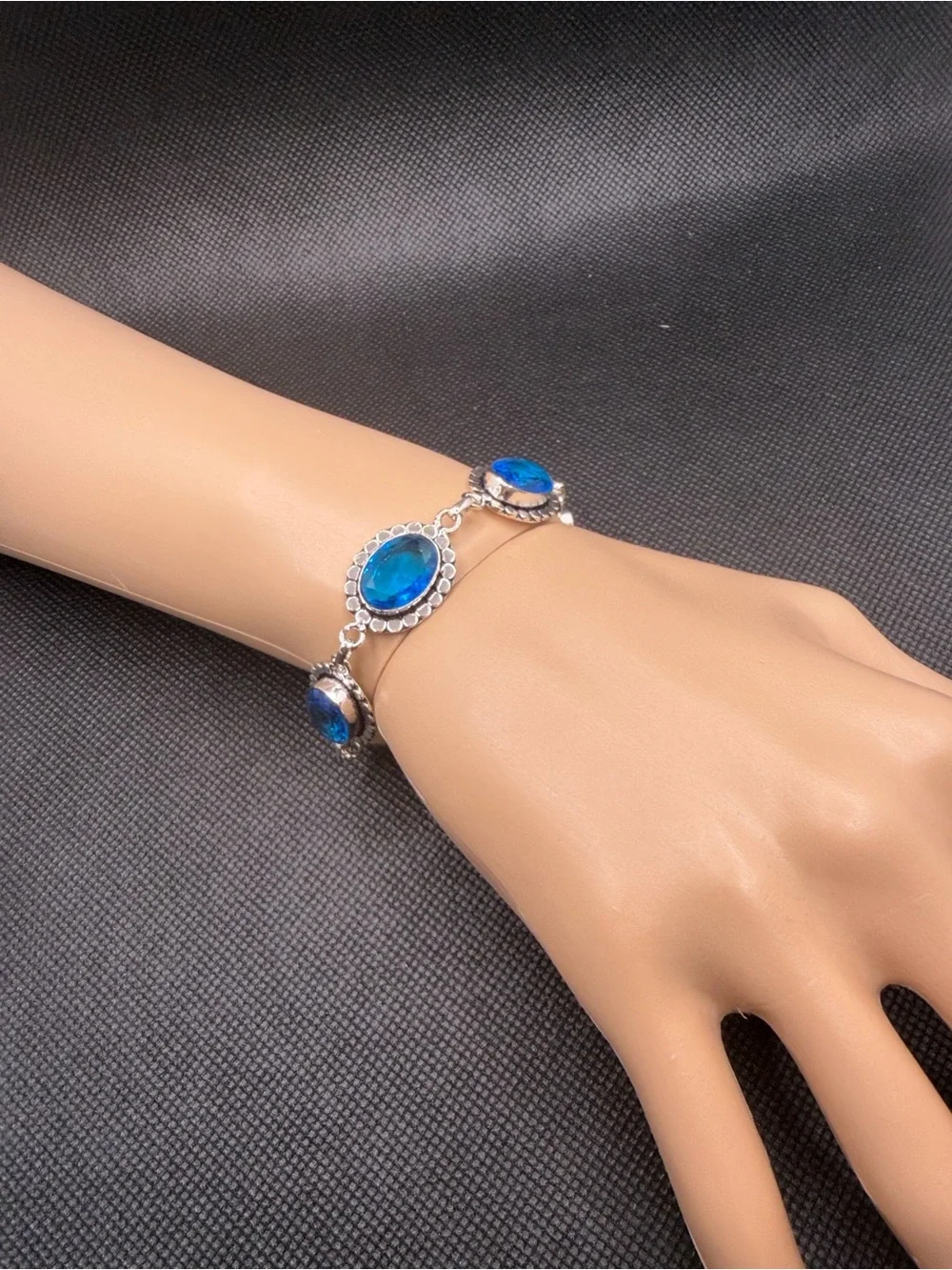 Swiss Blue Topaz Oval Link Adjustable Sterling Silver Bracelet 6”-7.5” - Blue